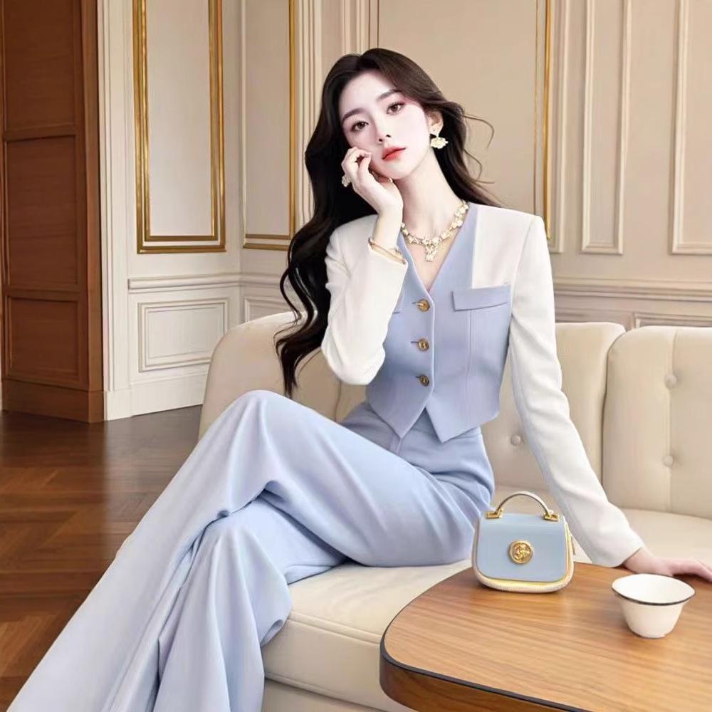 

Elegant Autumn Blue Patchwork Suit Set: High-End Goddess Style Jacket & Pants M [50-55kg]