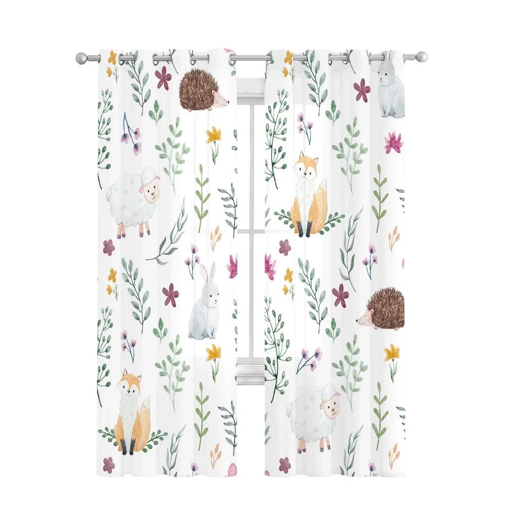 Cartoon Animal Hedgehog Fox Rabbit Green Leaf Netting Sheer Window Drapes for Living Room Bedroom Voile Organza Drapes Drapes