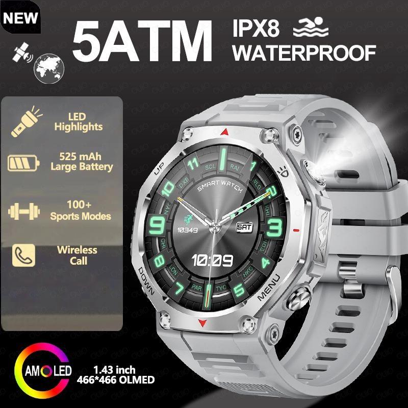 2026 New Flashlight-UV Light Smart Watch 5ATM Waterproof 1.43 Inch AMOLED Heart Rate 100 Sport Modes Bluetooth Call Smart Watch