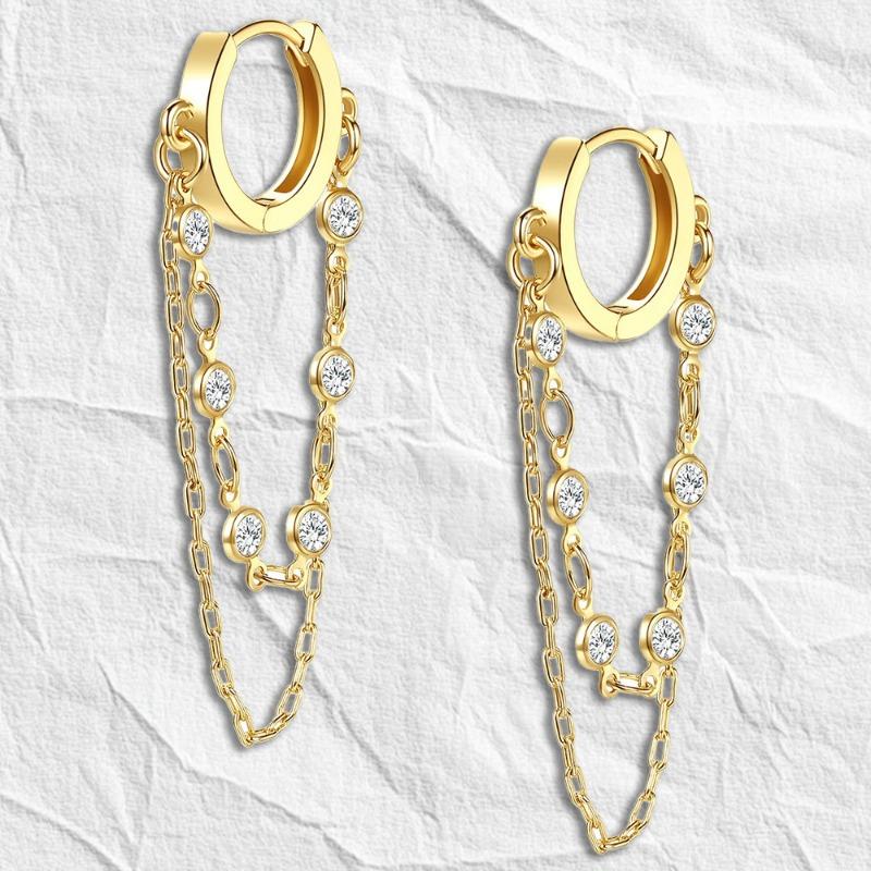 

Gold front and rear wearing double chain fringed earrings personalized light luxury metal style design sense fashionable and simple