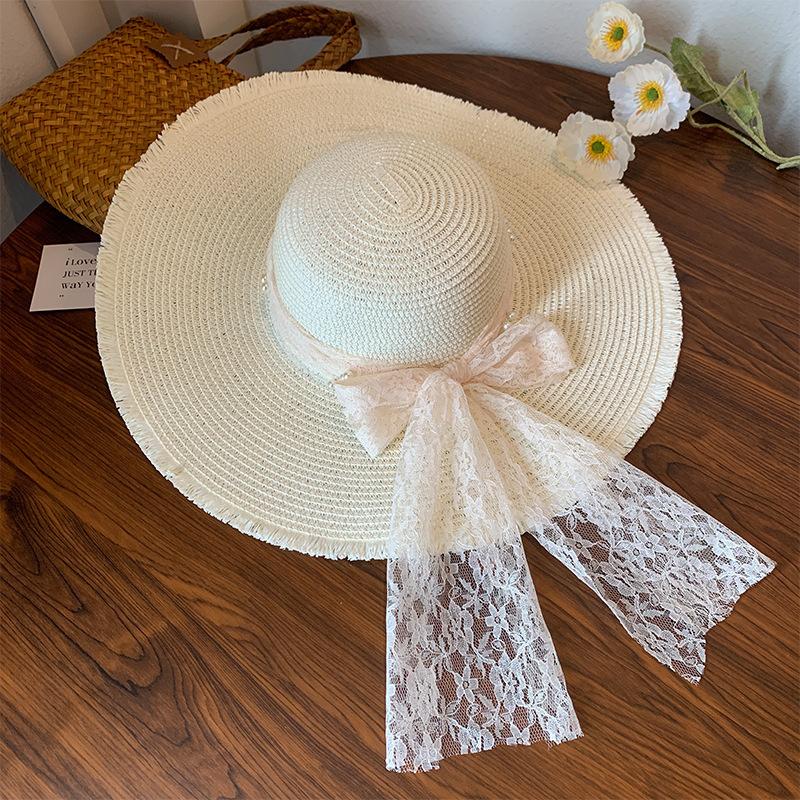 Internet celebrity sweet woven straw hat women's summer French seaside vacation sun hat big brim shading sun protection hat