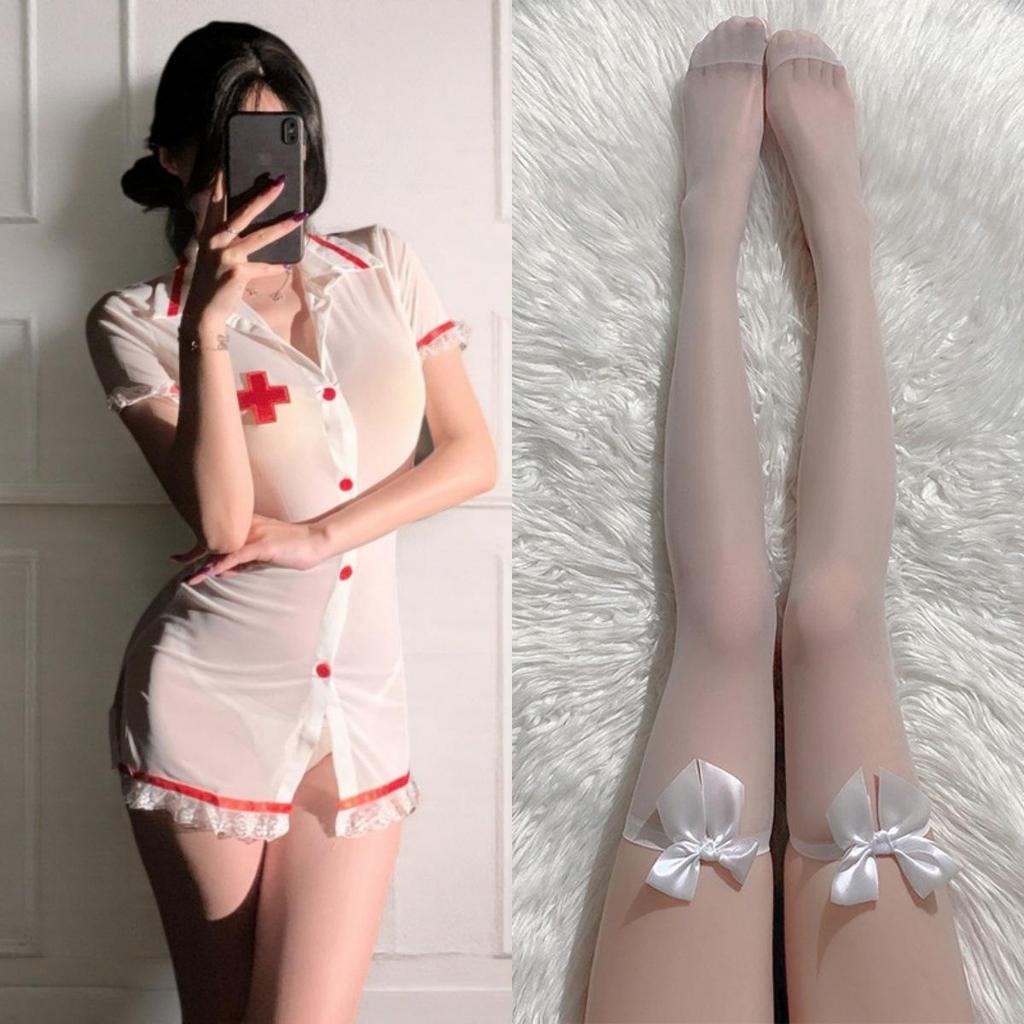 Manbaisha Sexy Sheer Deep V Lace Cosplay Nurse Uniform Set