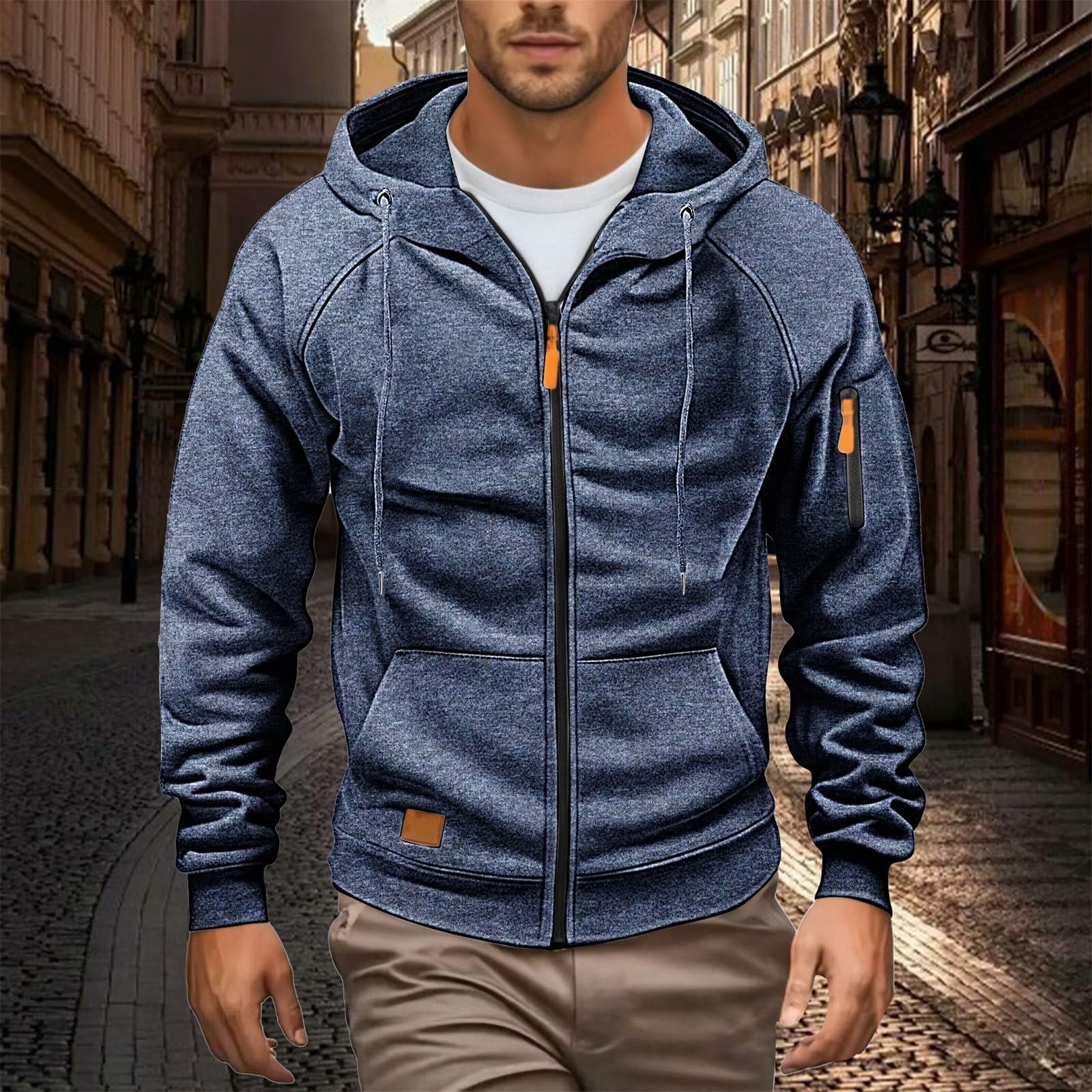 

Мужская флисовая куртка средней плотности на молнии, с длинным рукавом, удобная и уютная толстовка с капюшоном и карманами L тёмно-синий