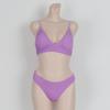 Textured Wave Stripe Small Black Bust-Gathering Three-Piece Bikini Set - Sexy Blue Women's Swimsuit for Pool and Beach.