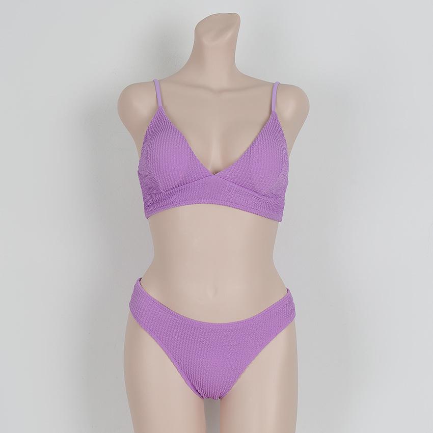 Textured Wave Stripe Small Black Bust-Gathering Three-Piece Bikini Set - Sexy Blue Women's Swimsuit for Pool and Beach.