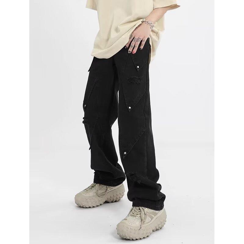 JYL Mens Jeans Plaid Elastic Waist Teen Loose Wide Leg Straight Denim