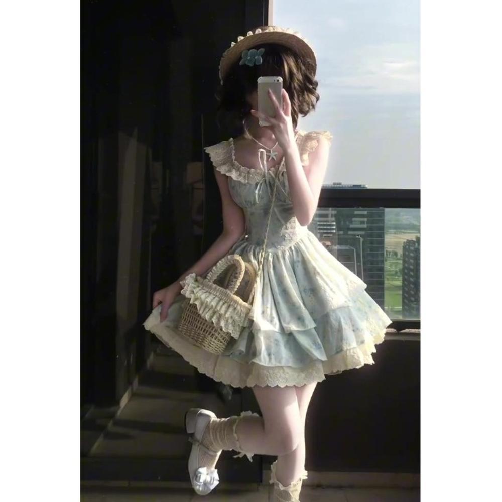 Sweet little flying sleeves gentle floral waist short skirt casual versatile A word princess puffy dress