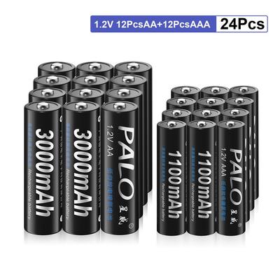 PALO 12Pcs 1.2V 3000mAh AA Batteries AA Rechargeable Battery and 12Pcs 1100mAh AAA Batteries NI-MH 3A Rechargeable Battery