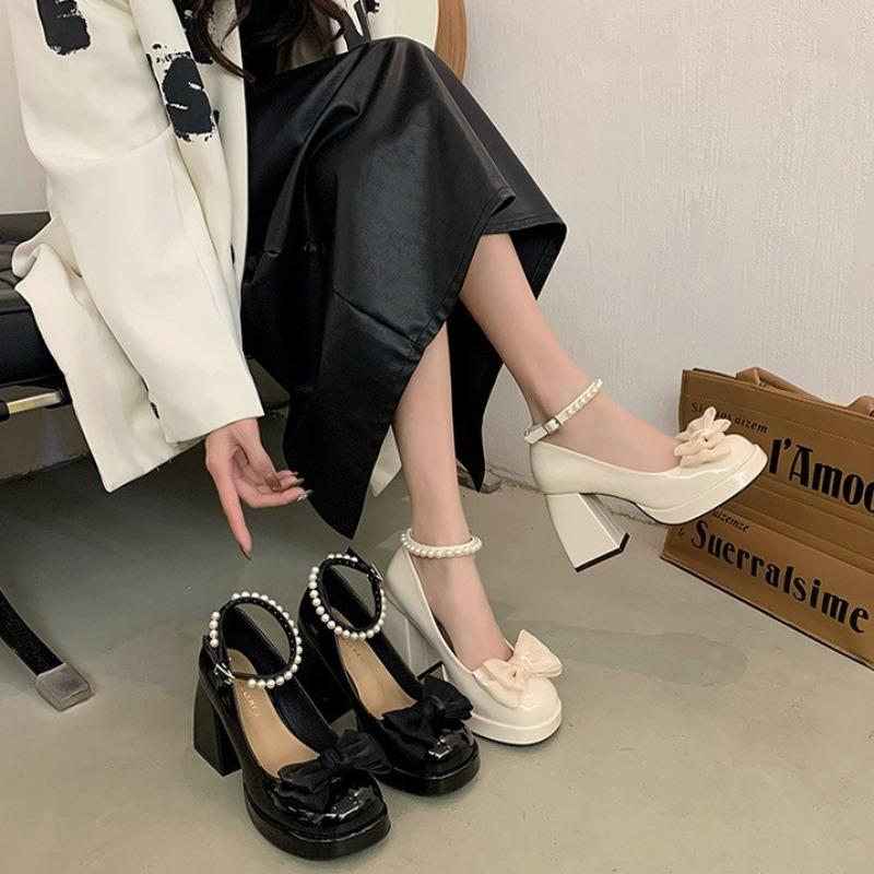 Fashion Women Fad Mary Jane Leather Shoe Thick Soles Increase Height Lolita Shoe Elegant Bowknot Pumps Women Banquet Party Shoes Tacones