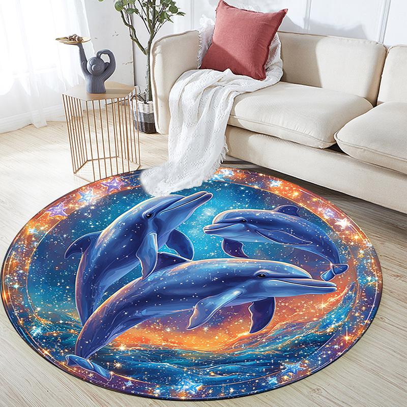 Dolphins Round Area Rug,Carpet Rug for Living Room Bedroom Sofa Playroom Decor,Non-slip Floor Mat