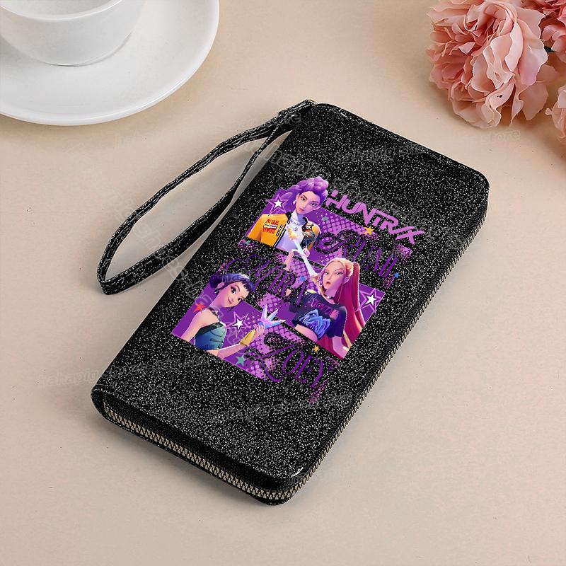 Vysoce kvalitní KPop Lovci démonů Dlouhá peněženka Dámské peněženky na zip Sequin Bling Koženka Kapsa na mince Držák na ID Kartu Dámské Clutch Peněženky