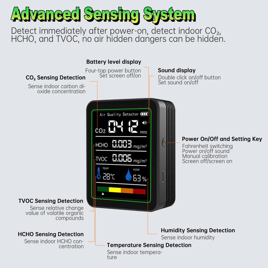 5 In 1 HCHO Meter, Portable Temperature and Humidity Meter with Color Screen for Home, Office, Vehicle, Detect CO2 TVOC
