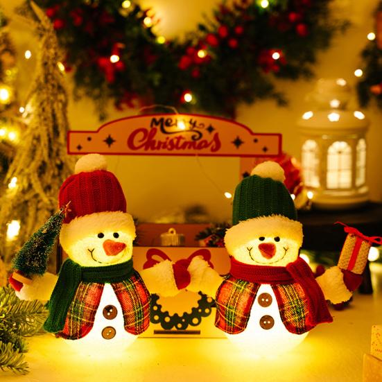 Christmas Plush Snowman Doll Tabletop Decoration Lighted Small Snowman Ornament for Winter Home Kitchen Mantel