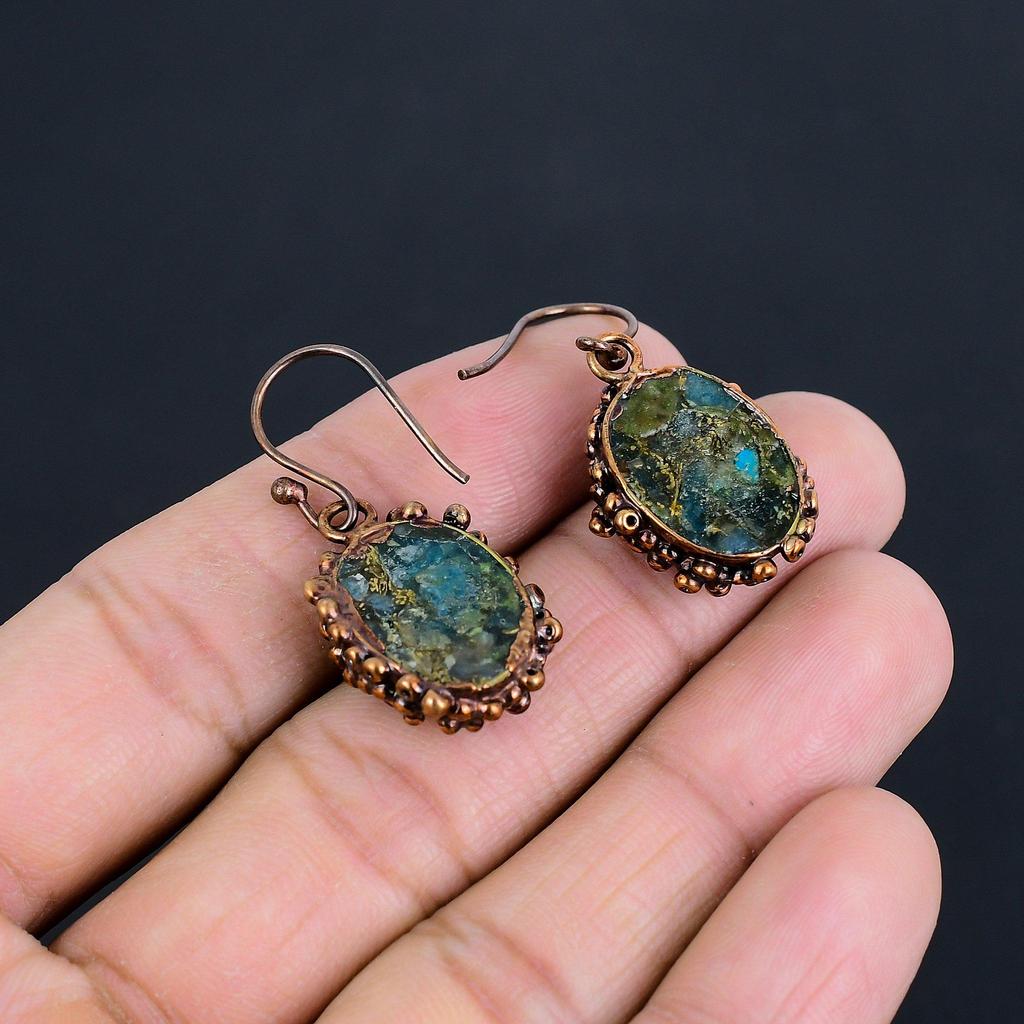 Copper Neon Blue Apatite Copper Electroformed Earrings, Handmade Gemstone Earrings Jewelry, Gifts For Wife Brand New Earrings