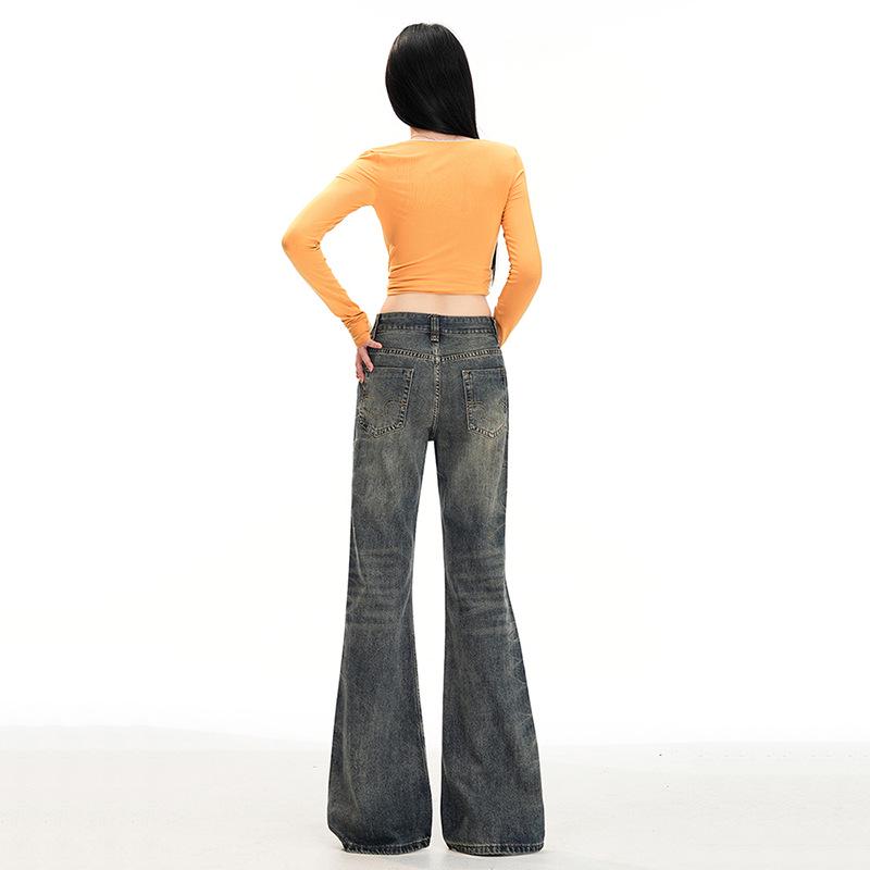 Damskor med hög midja, retro utsvängda jeans: Lös passform, golvlang hovformad design
