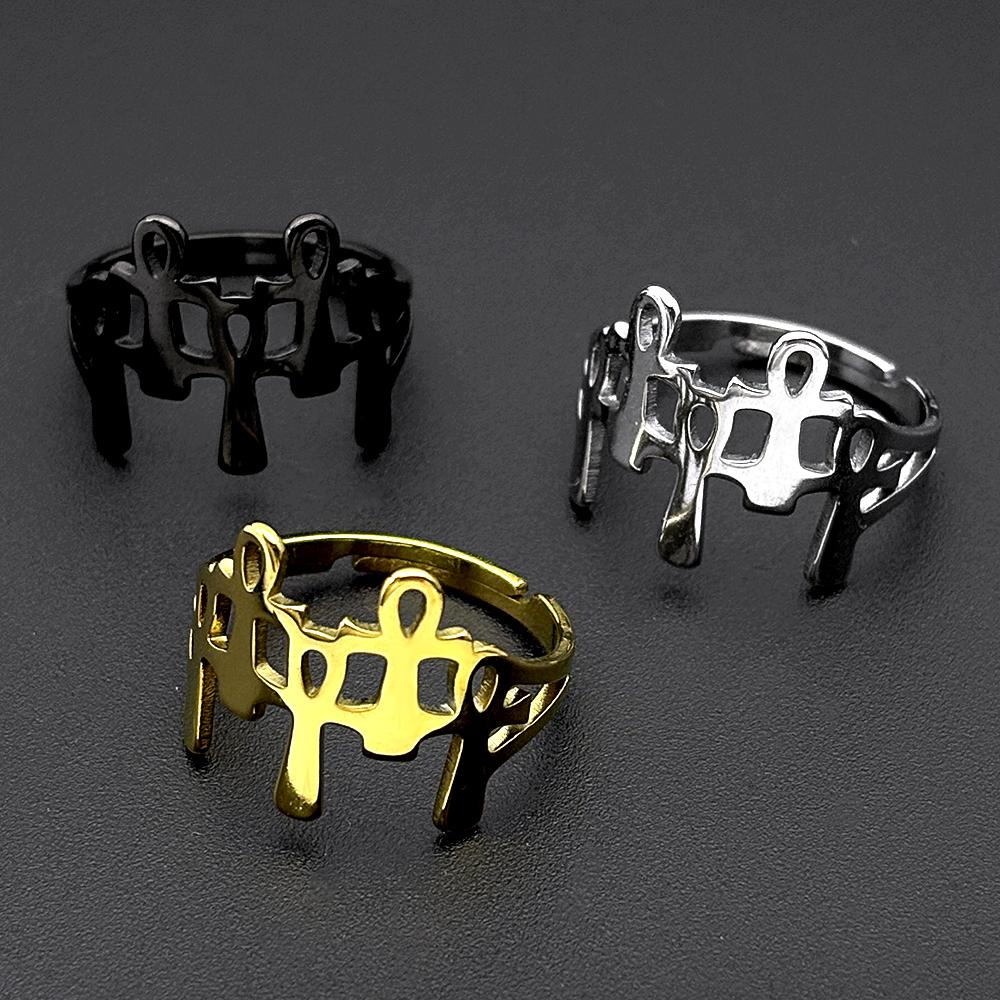 Egyptian Ankh Cross Ring for Women Men Stainless Steel Gold Plated Anubis Life Symbol Adjustable Finger Ring Party Jewelry Gift
