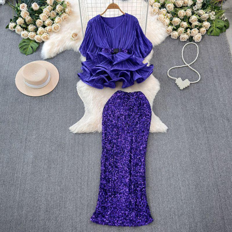 

Светский фонарь V-образный вырез маятник из листьев лотоса блестящий модный костюм Blue All yards