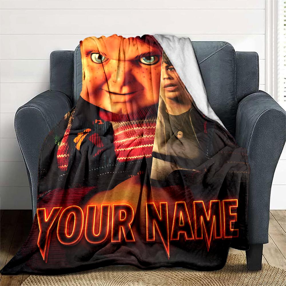 1pc Chucky Blanket with Custom Name, Gift, for Men and Women, Soft Blanket, Good for Sofa Bed Couch Travel, Lightweight Flannel Blanket
