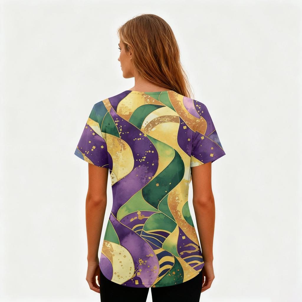 Ladies' Carnival Printed Fashion V-neck Pocket Short Sleeved Nurse's Wear And Worker's Top