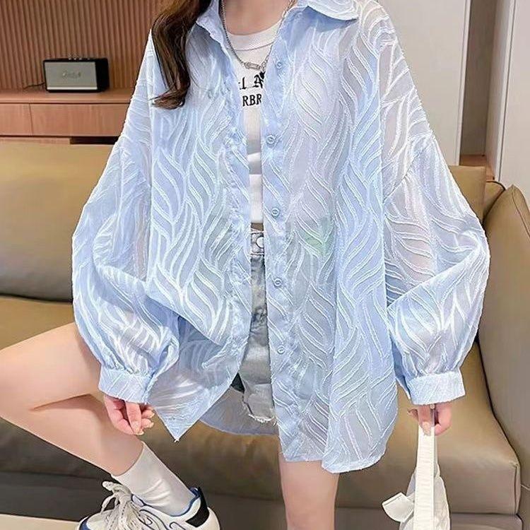 Long Sleeved Shirt Sun Protection Clothing Women's Summer Plus Size Loose and Thin Breathable Cardigan Jacket Top for Wearing Outside