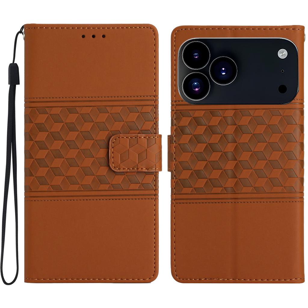 For iPhone 17 Pro Max Case Rhombus Leather Horizontal Flip Phone Cover with Wrist Strap