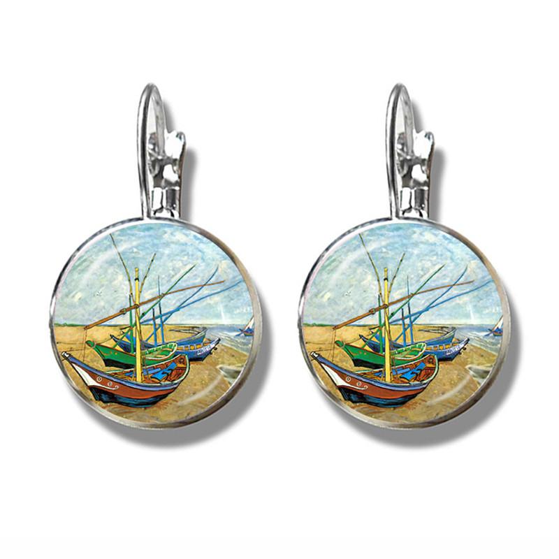 Van Gogh Solsikker Kunst Vintage Sølvbelagte Øredobber Glass Cabochon Kuppel Stiftøredobber Zirkon For Kvinner Jenter Gave