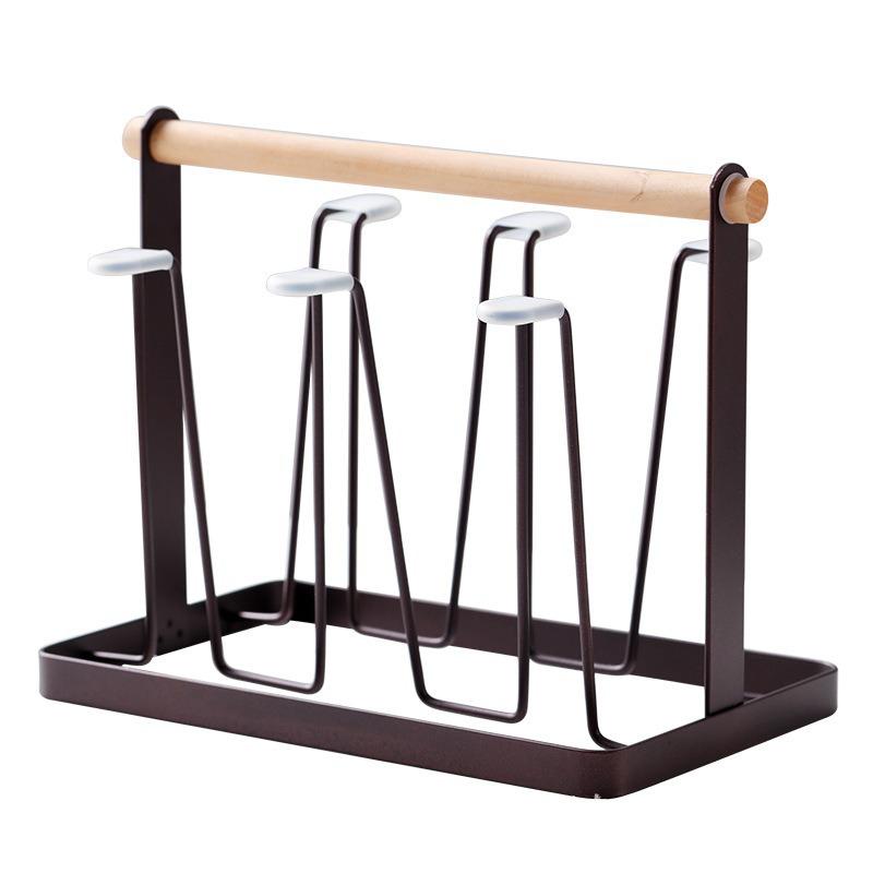 Cup Drying Rack Stand,Beer Glasses Rack 6 Cup Metal Drainer Holder Rack Non-Slip Mugs Cups Organizer with Wood Handle