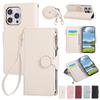 Applicable To iPhone17 Japanese and Korean Leather Case, Samsung S25 Lychee Pattern Zipper Wallet Diagonal Span Portable Rope A06 Solid Color