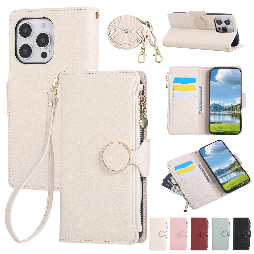 Applicable To iPhone17 Japanese and Korean Leather Case, Samsung S25 Lychee Pattern Zipper Wallet Diagonal Span Portable Rope A06 Solid Color