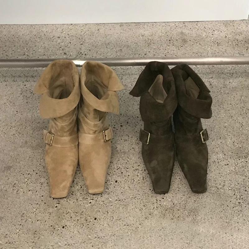 Cowhide version~ Korean niche belt buckle short boots women's retro thick heel small square head versatile spice girl thin boots children