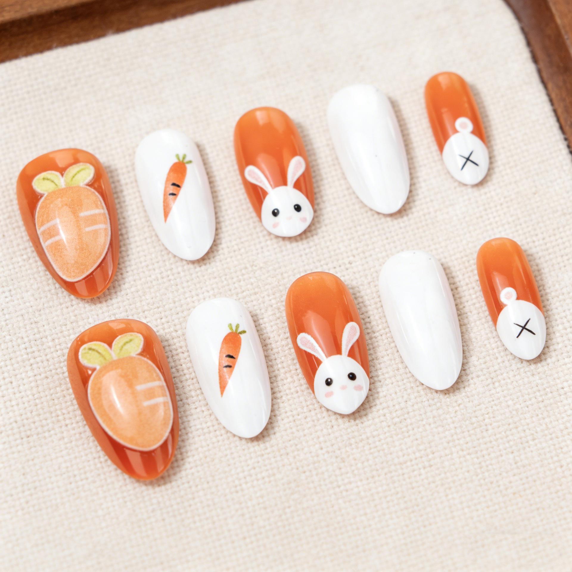 30pcs European  American Easter Almond Nails: Short 3D Cartoon Carrot  White Rabbit Nail Art Tips