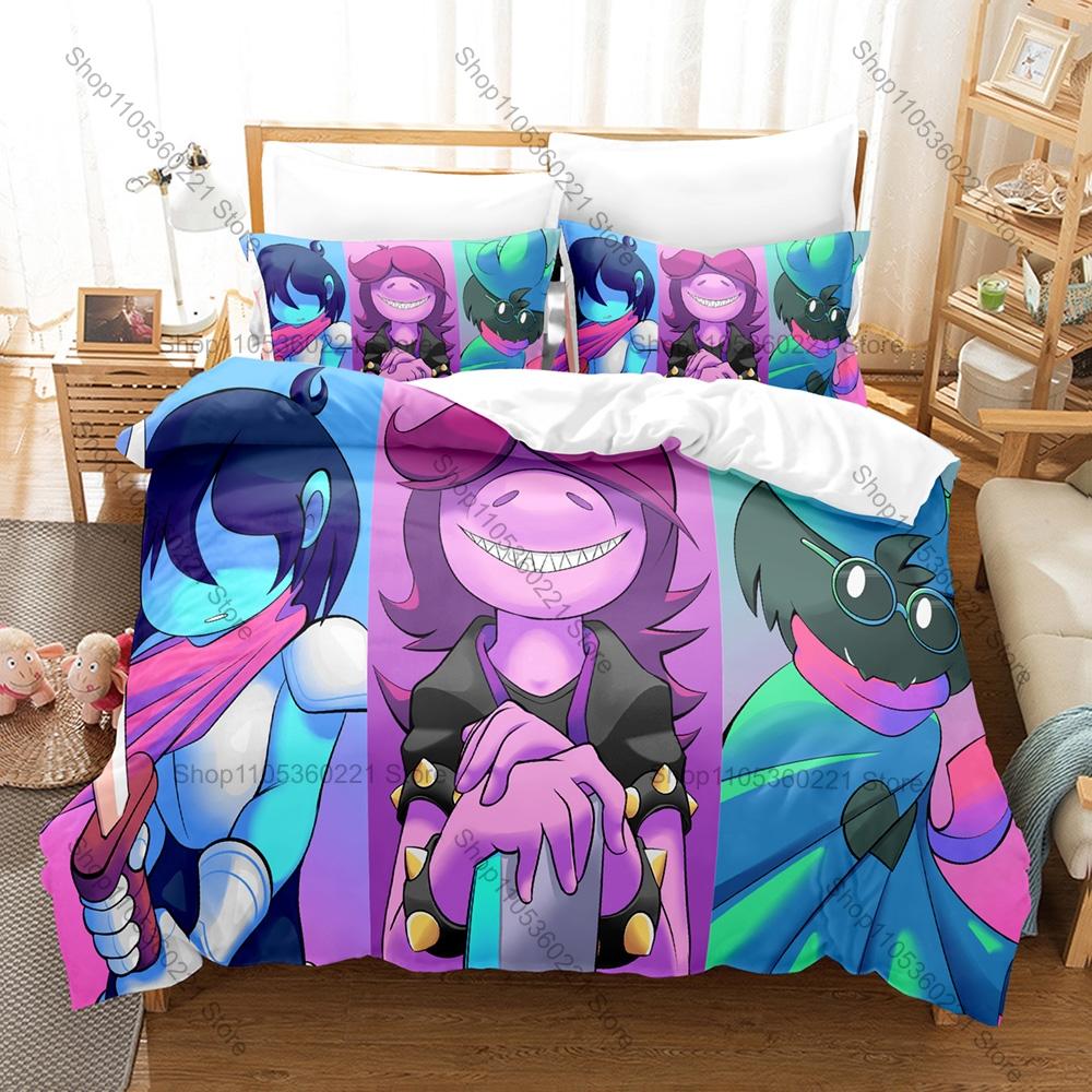Deltarune Chapter 2 Fantastyczna Pikselowa Gra Przygodowa Pościel Zestaw Poszewka na Kołdrę + 2 Poszewki na Poduszki Wystrój Pokoju Nastolatka Gracza