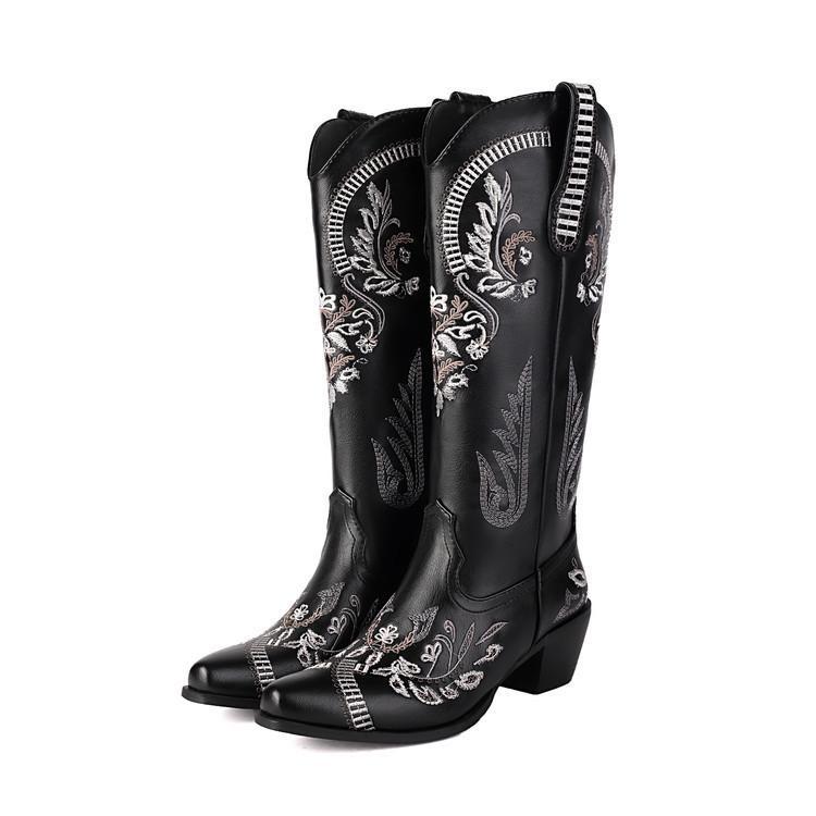 Women's Shoes Boots Embroidered Tall Boots Thick Heel Sleeve Pointed Knight Boots Vintage Martin Boots