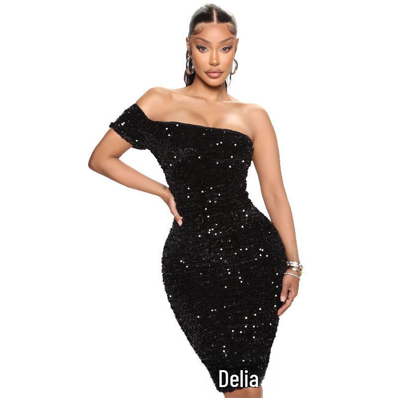 

Оксамитова сукня приталеного крою з блискітками на одне плече, осінь/зима 2022 року XXL чорний