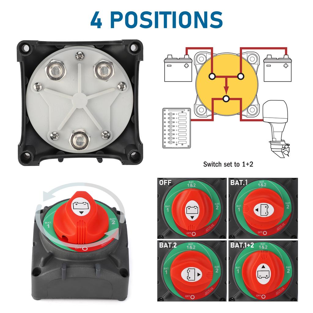 Car 500A 4 Position Battery Switch 12-24V Automotive Battery Isolator Disconnector Circuit Breaker Disconnect Switch