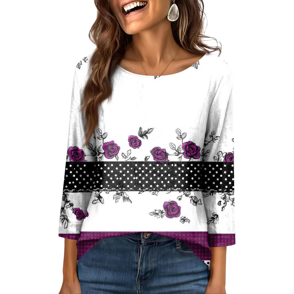 Women's Fashionable Casual Round Neck  3/4 Sleeve  Printed T-Shirt Top