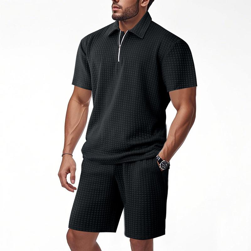 Summer Men’s Short-Sleeved Set: Jacquard Small Check Loose-Fit Casual Polo Shirt Set for Men