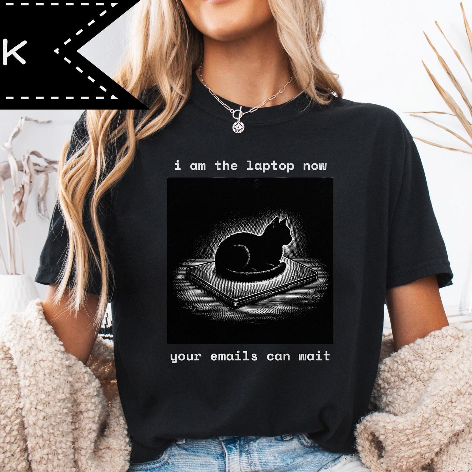 Cat Laptop Shirt, Funny Cat Lover Gift, Minimalist Graphic Tee, Weirdcore Cat Humor Tee L