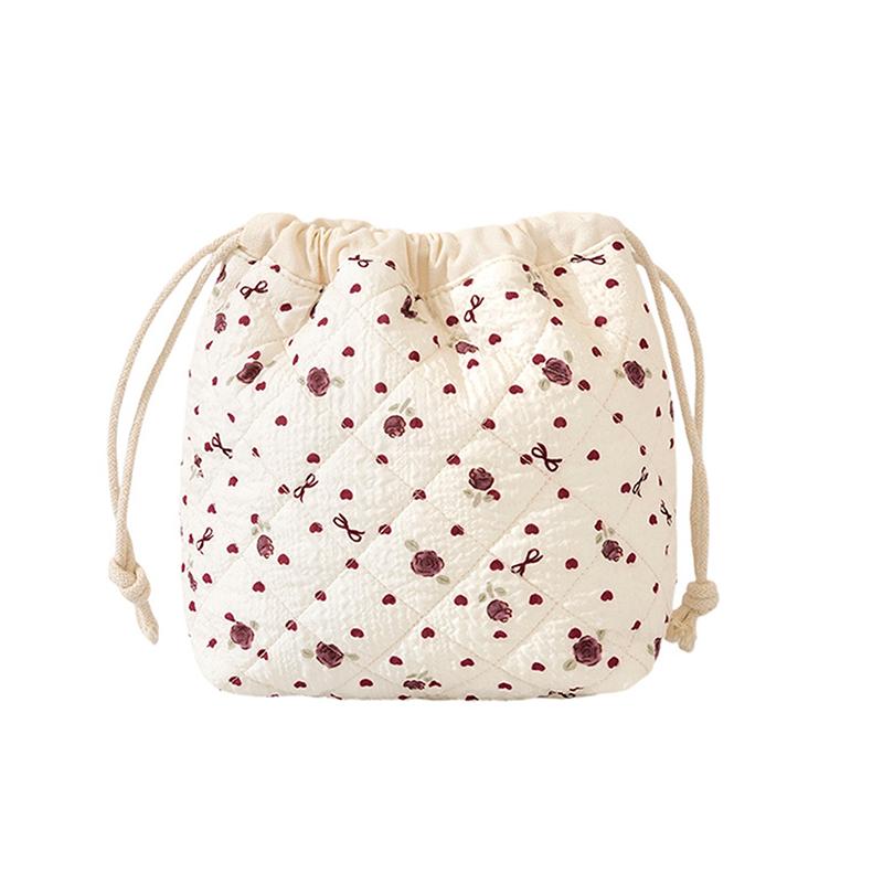 Cotton Quilted Drawstring Makeup Bag, Travel Toiletry Organizer, Cute Drawstring Gift Bag For Women & Girls