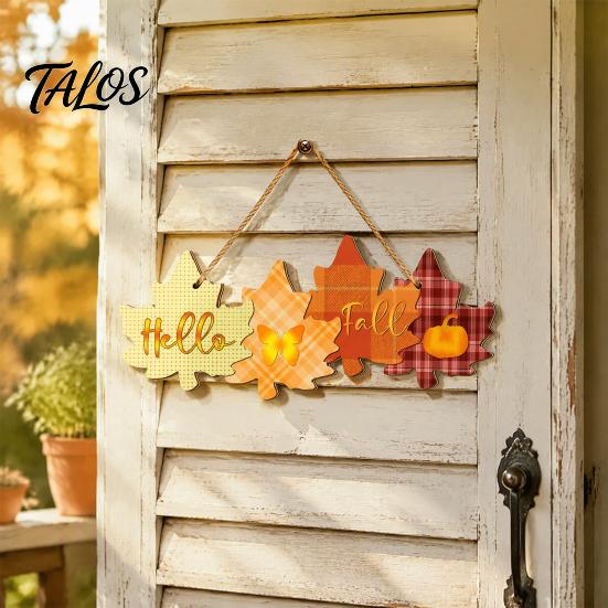 Wooden Maple Leaf Plaque Autumn Welcome Sign with Hanging Rope for Front Door, Rustic Shape Wood Indoor Outdoor Fall Ornament Decor Pumpkin