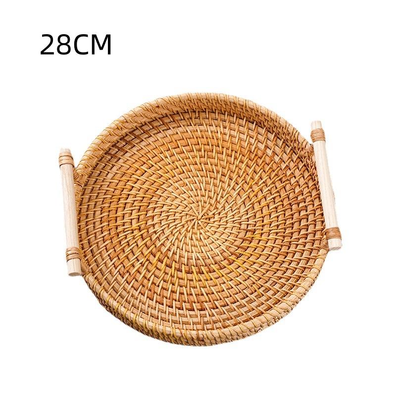 Round Rattan Serving Tray with Handles Coffee Table Decorative Tray Hand Woven Serving Basket Double Ear Bread Fruit Picnic Tray