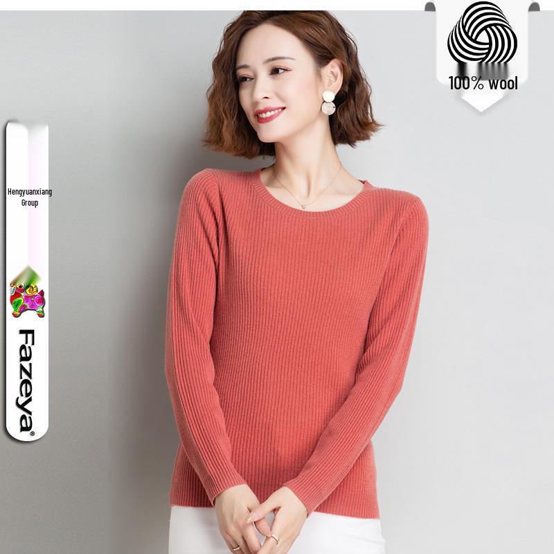 Hengyuanxiang Women's Pure Wool Round Neck Sweater - Solid Color Casual Knitwear for Spring, Autumn, and Winter