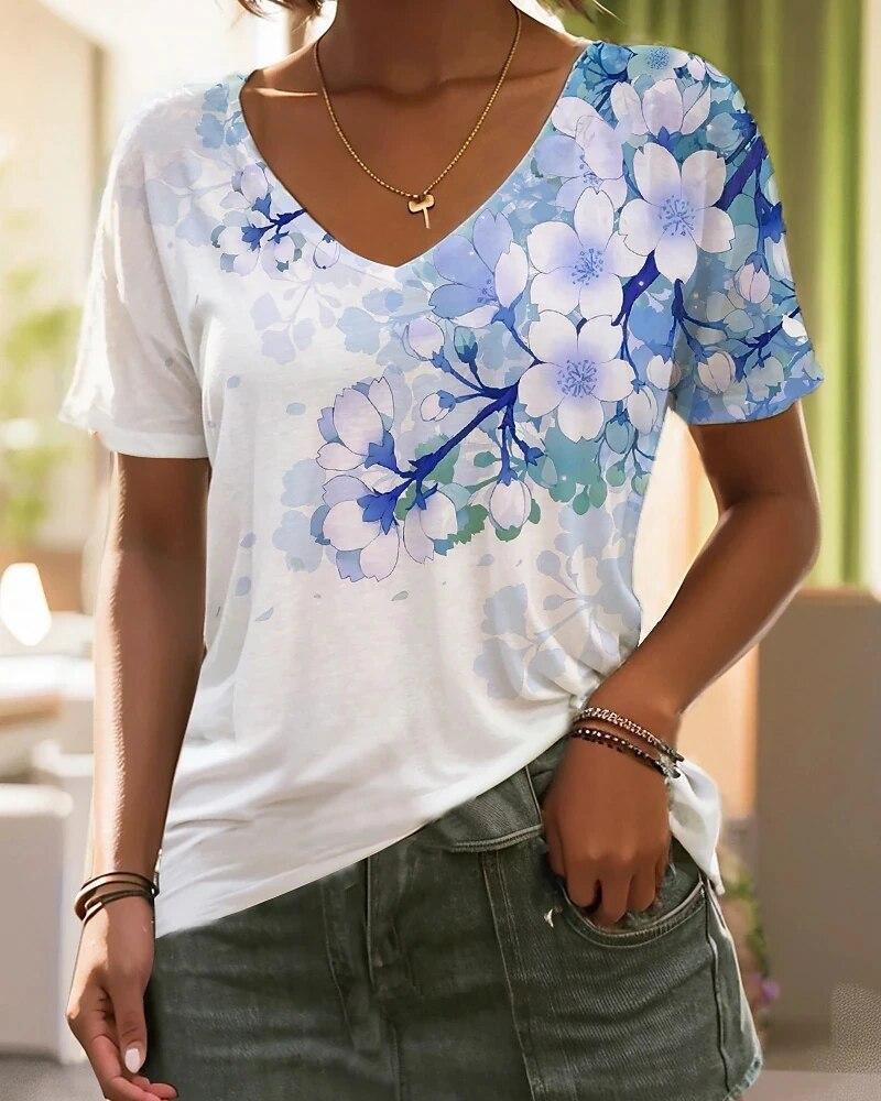 

Летняя женская футболка с 3d цветами и принтом с коротким рукавом и v-образным вырезом, одежда, повседневная модная женская футболка, футболки большого размера, топы L