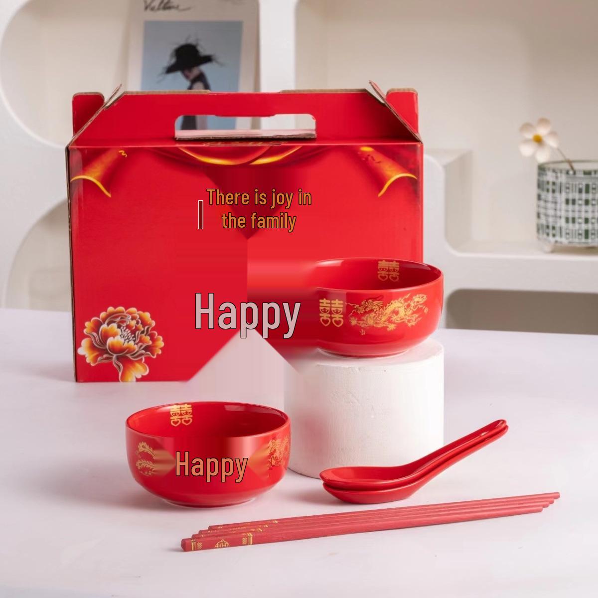 

Керамическая миска и набор палочек «Красное двойное счастье» - Идеально для свадеб, новоселий и новогодних празднований 2 Bowls Foam Pack