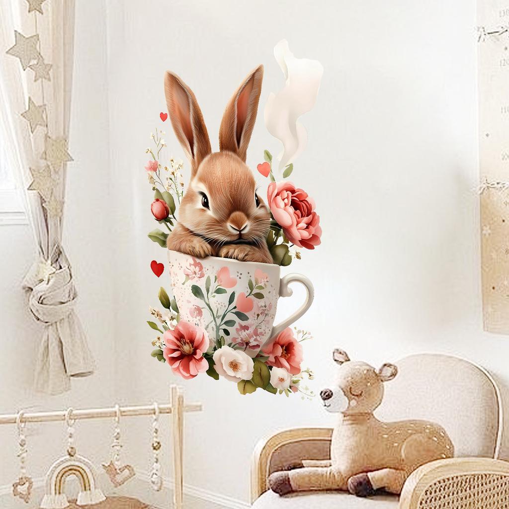 Ostern Blumenschale und Hase Wandaufkleber Selbstklebend Abnehmbar für Kinderzimmer Wohnzimmer Hintergrund Hausdekoration