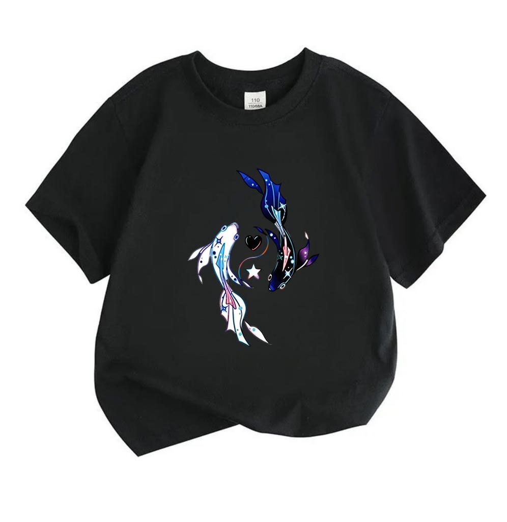 Kids Boys Girls 100% Cotton Crew Neck Short Sleeve T-Shirt, Aesthetic Cosmic Koi Fish Pisces Print Casual Soft Summer Tee for Children