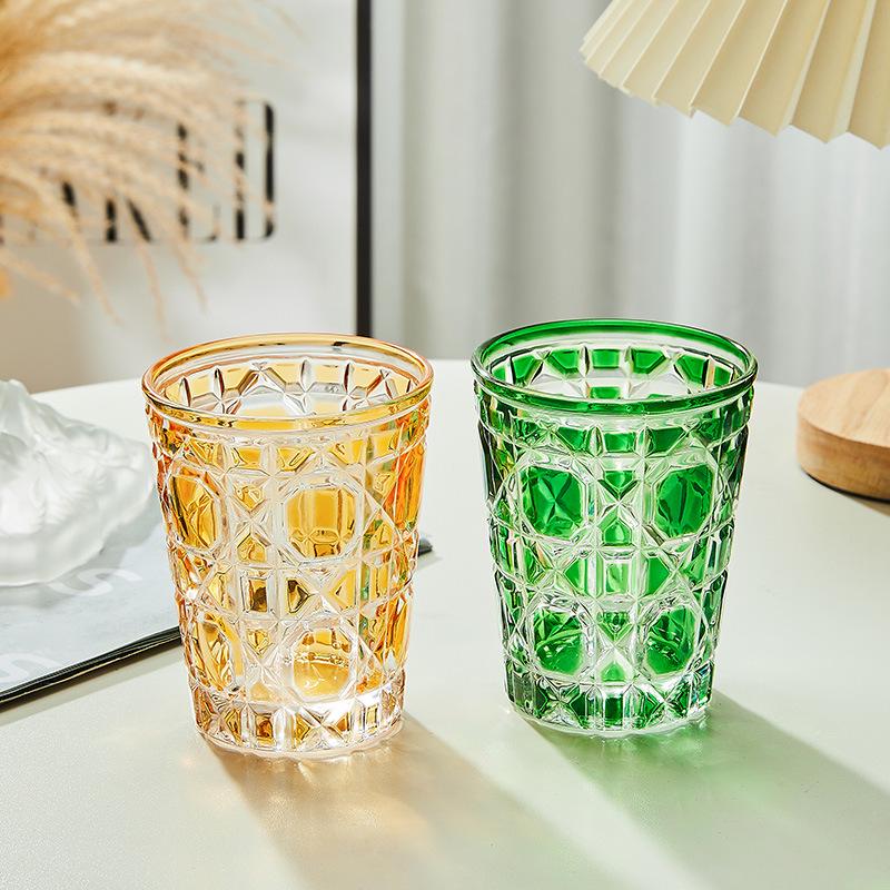 European Style Gift Box: Colorful Plaid Whiskey, Beer, Liquor, and Water Glass Set with Hand-Engraved Floral Designs.
