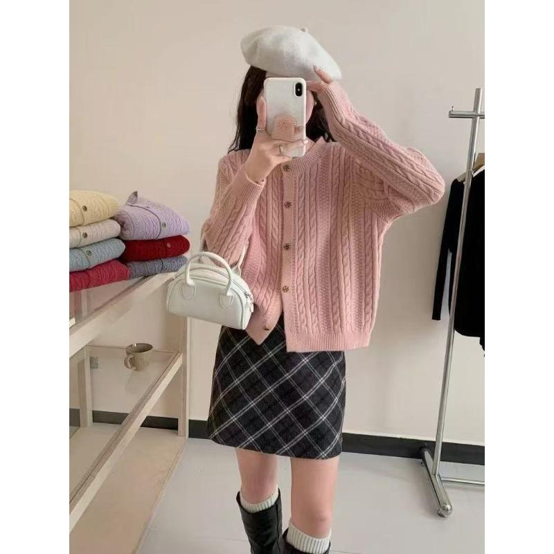 New twist texture woven round neck single-breasted simple long-sleeved loose-knit cardigan for women