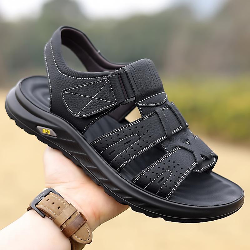 Summer new men's sandals cowhide beach shoes casual platform slippers Velcro white men's leather sandals