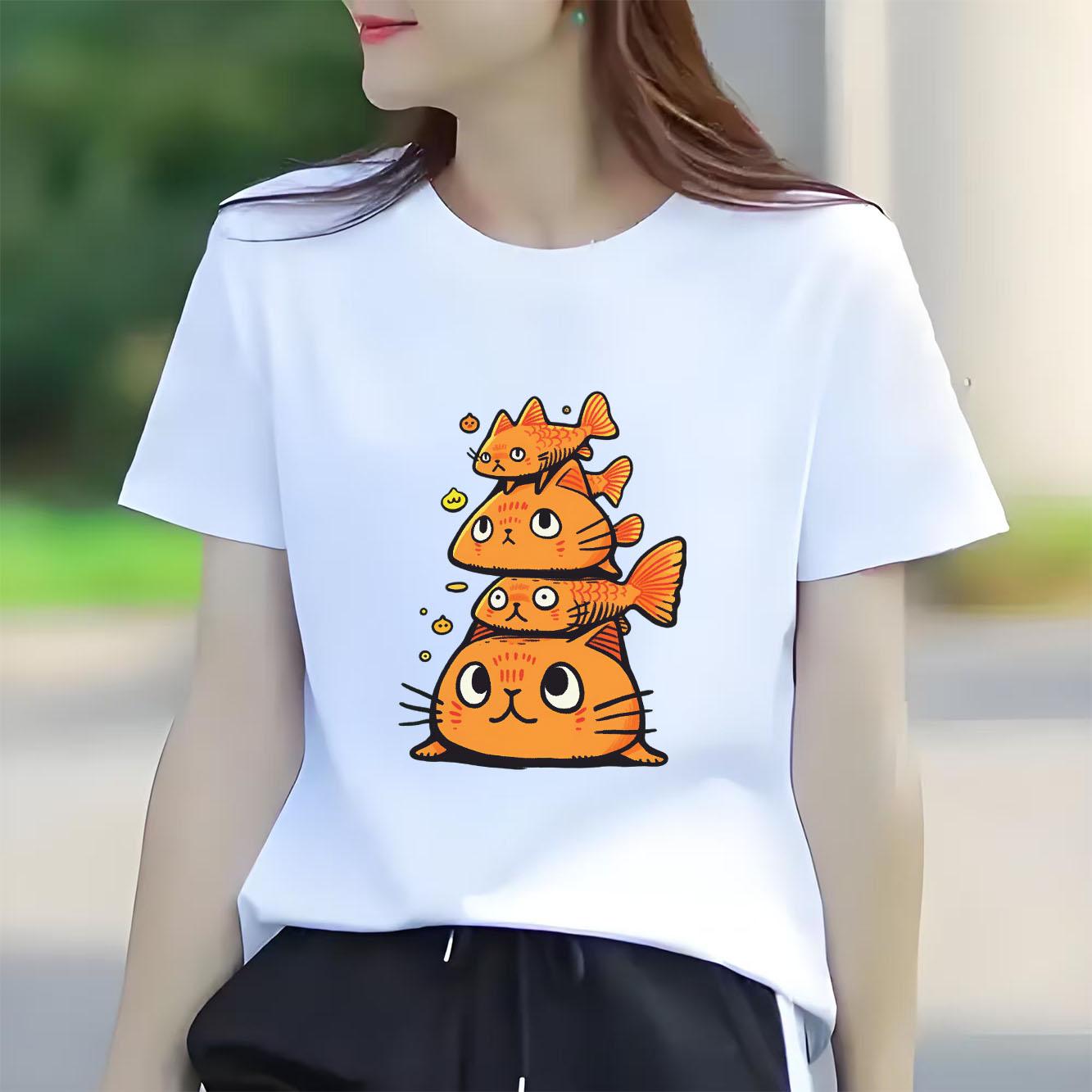 

Cute cat cartoon printed short sleeved round neck Womens Tshirt for spring and summer versatile Womens Tshirt S